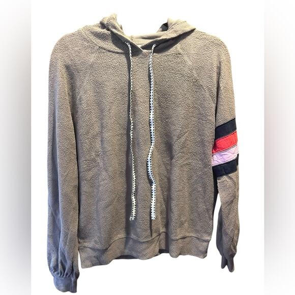 Sundry Faux Sherpa Striped Sleeve Hooded Cozy Soft Sweatshirt NWT O/XS Lounge - Picture 2 of 7